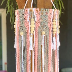 Pink gray and white macrame chandelier